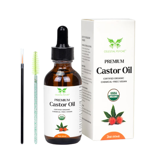 Celestial Psyché USDA Certified Organic Castor Oil (2 Oz with Essential Bundle - Eyebrow Kit) 100% Pure Natural Chemical-Free Hexane-Free Promote Lash Brow and Hair Growth Skin Hydration